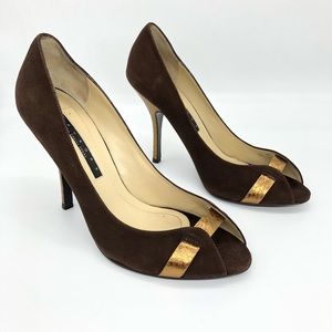 Laundry by Shelli Segal Open Toe Stiletto Suede Animal Print Embossed Brown Gold